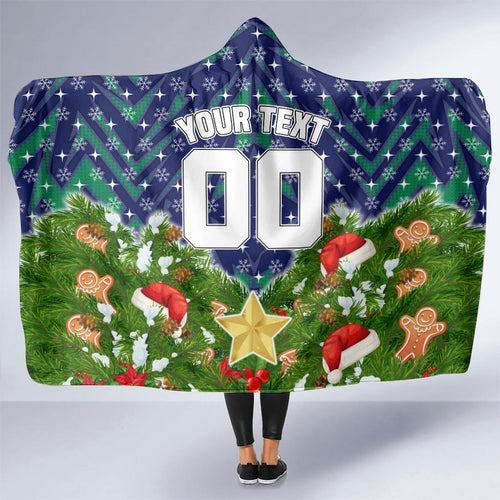 Personalised New Zealand Warriors Rugby Christmas Hooded Blanket Santa Rugby Mascot - Pine Wreath Festive