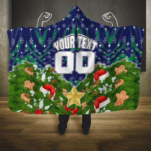 Personalised New Zealand Warriors Rugby Christmas Hooded Blanket Santa Rugby Mascot - Pine Wreath Festive