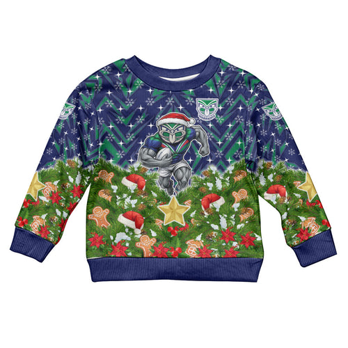 Personalised New Zealand Warriors Rugby Christmas Kid Ugly Christmas Sweater Santa Rugby Mascot - Pine Wreath Festive