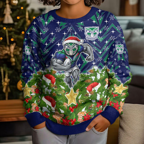 Personalised New Zealand Warriors Rugby Christmas Kid Ugly Christmas Sweater Santa Rugby Mascot - Pine Wreath Festive