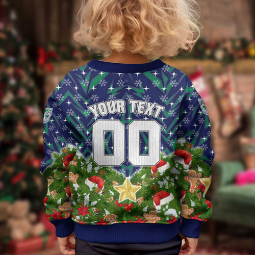 Personalised New Zealand Warriors Rugby Christmas Kid Ugly Christmas Sweater Santa Rugby Mascot - Pine Wreath Festive