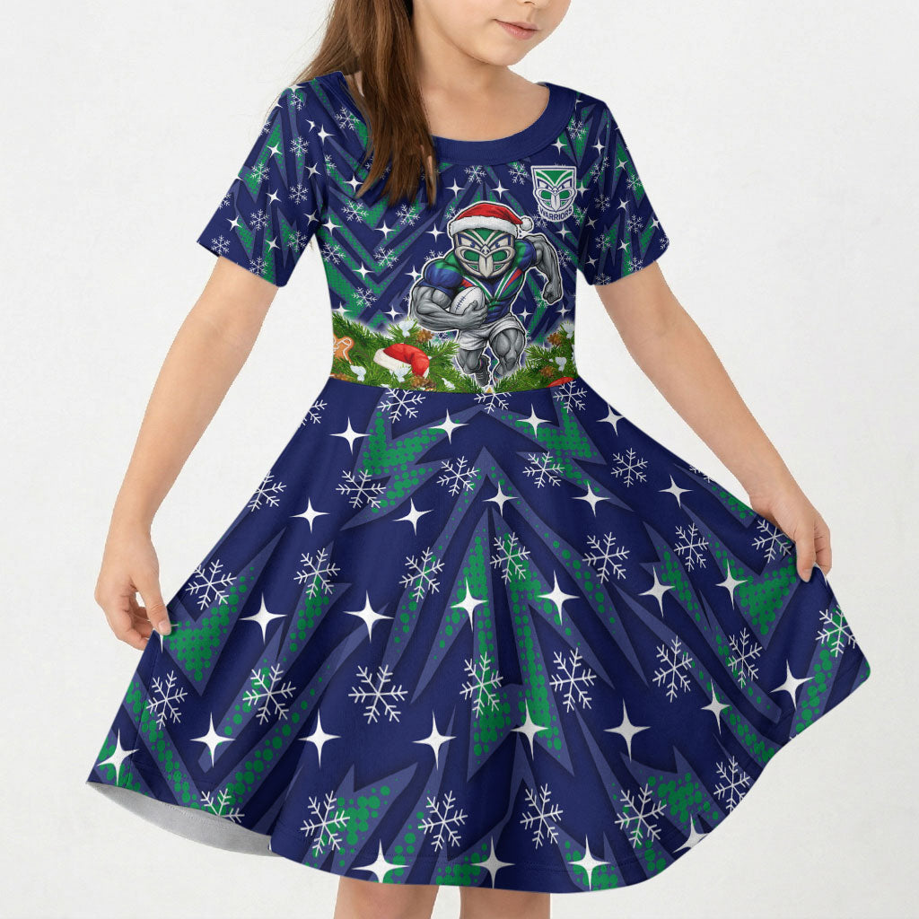 Personalised New Zealand Warriors Rugby Christmas Kid Short Sleeve Dress Santa Rugby Mascot - Pine Wreath Festive