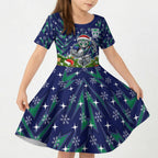Personalised New Zealand Warriors Rugby Christmas Kid Short Sleeve Dress Santa Rugby Mascot - Pine Wreath Festive