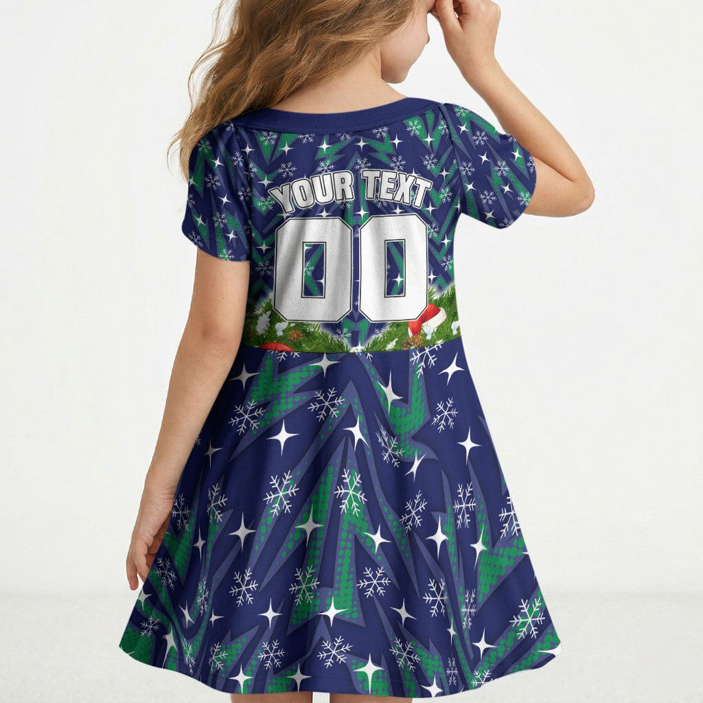 Personalised New Zealand Warriors Rugby Christmas Kid Short Sleeve Dress Santa Rugby Mascot - Pine Wreath Festive