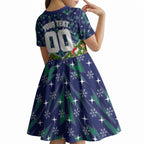 Personalised New Zealand Warriors Rugby Christmas Kid Short Sleeve Dress Santa Rugby Mascot - Pine Wreath Festive