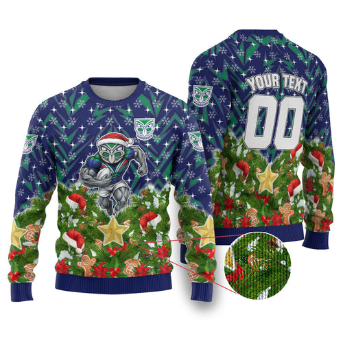 Personalised New Zealand Warriors Rugby Christmas Ugly Christmas Sweater Santa Rugby Mascot - Pine Wreath Festive