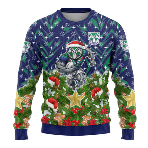 Personalised New Zealand Warriors Rugby Christmas Ugly Christmas Sweater Santa Rugby Mascot - Pine Wreath Festive