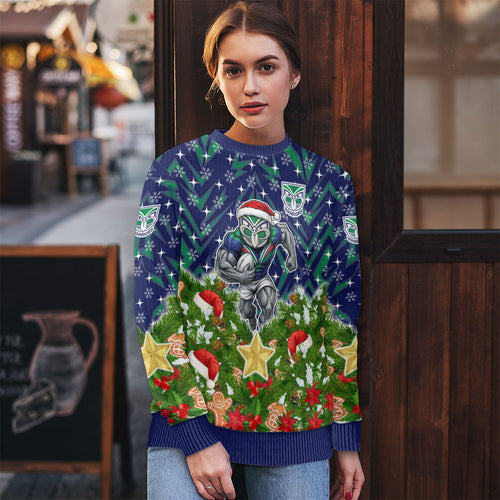 Personalised New Zealand Warriors Rugby Christmas Ugly Christmas Sweater Santa Rugby Mascot - Pine Wreath Festive