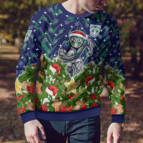 Personalised New Zealand Warriors Rugby Christmas Ugly Christmas Sweater Santa Rugby Mascot - Pine Wreath Festive