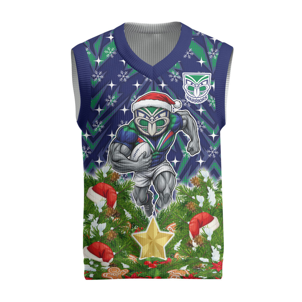 Personalised New Zealand Warriors Rugby Christmas Knitted V-Neck Vest Santa Rugby Mascot - Pine Wreath Festive