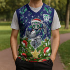Personalised New Zealand Warriors Rugby Christmas Knitted V-Neck Vest Santa Rugby Mascot - Pine Wreath Festive