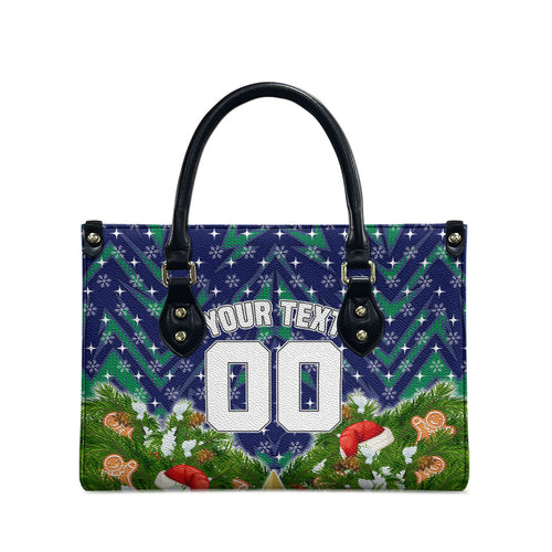 Personalised New Zealand Warriors Rugby Christmas Leather Bag Santa Rugby Mascot - Pine Wreath Festive