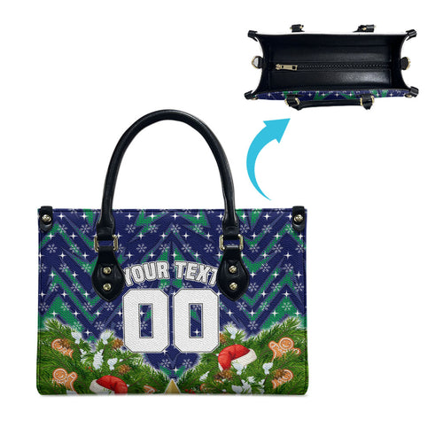 Personalised New Zealand Warriors Rugby Christmas Leather Bag Santa Rugby Mascot - Pine Wreath Festive