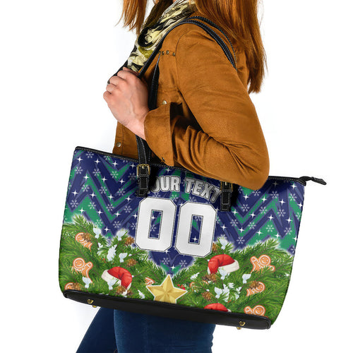 Personalised New Zealand Warriors Rugby Christmas Leather Tote Bag Santa Rugby Mascot - Pine Wreath Festive
