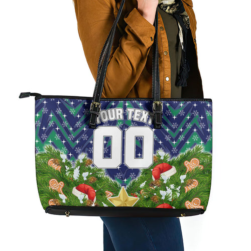 Personalised New Zealand Warriors Rugby Christmas Leather Tote Bag Santa Rugby Mascot - Pine Wreath Festive