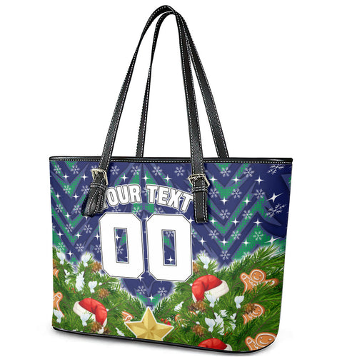 Personalised New Zealand Warriors Rugby Christmas Leather Tote Bag Santa Rugby Mascot - Pine Wreath Festive