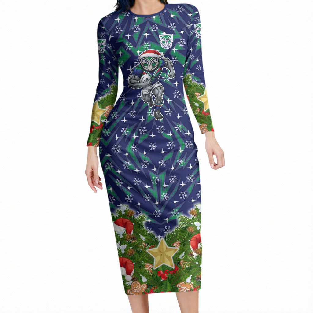Personalised New Zealand Warriors Rugby Christmas Long Sleeve Bodycon Dress Santa Rugby Mascot - Pine Wreath Festive