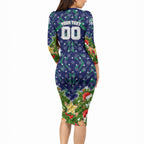 Personalised New Zealand Warriors Rugby Christmas Long Sleeve Bodycon Dress Santa Rugby Mascot - Pine Wreath Festive