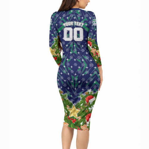 Personalised New Zealand Warriors Rugby Christmas Long Sleeve Bodycon Dress Santa Rugby Mascot - Pine Wreath Festive