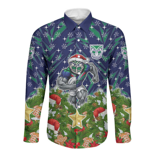 Personalised New Zealand Warriors Rugby Christmas Long Sleeve Button Shirt Santa Rugby Mascot - Pine Wreath Festive