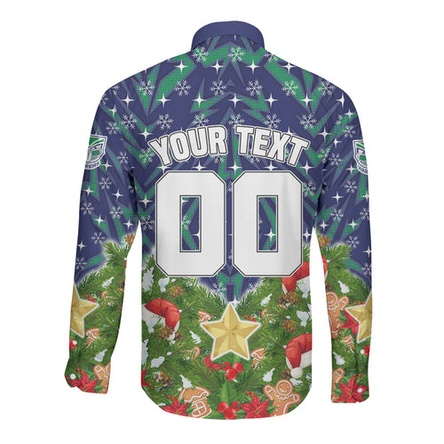 Personalised New Zealand Warriors Rugby Christmas Long Sleeve Button Shirt Santa Rugby Mascot - Pine Wreath Festive