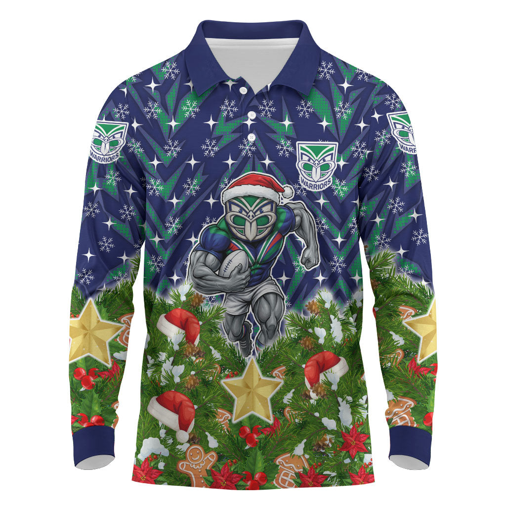 Personalised New Zealand Warriors Rugby Christmas Long Sleeve Polo Shirt Santa Rugby Mascot - Pine Wreath Festive