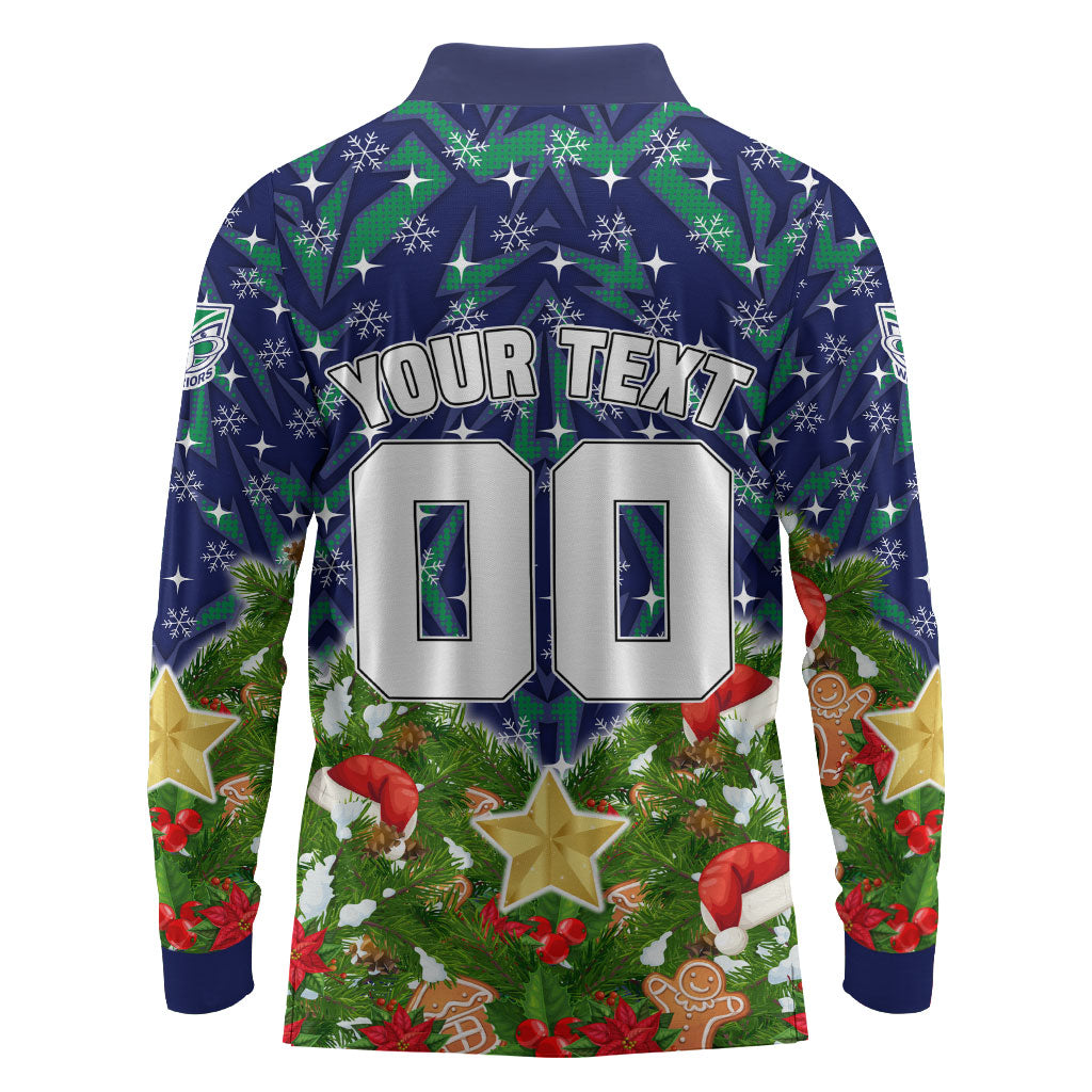 Personalised New Zealand Warriors Rugby Christmas Long Sleeve Polo Shirt Santa Rugby Mascot - Pine Wreath Festive