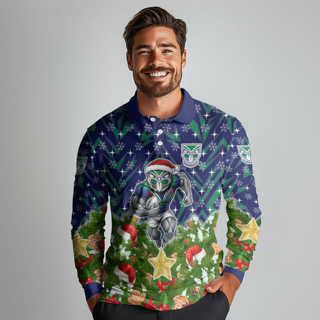 Personalised New Zealand Warriors Rugby Christmas Long Sleeve Polo Shirt Santa Rugby Mascot - Pine Wreath Festive
