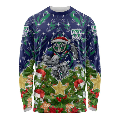 Personalised New Zealand Warriors Rugby Christmas Long Sleeve Shirt Santa Rugby Mascot - Pine Wreath Festive