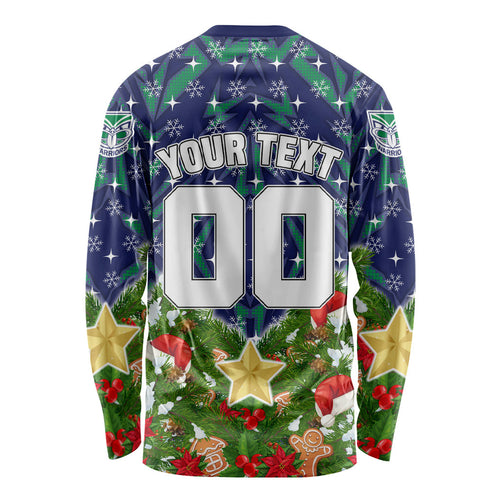 Personalised New Zealand Warriors Rugby Christmas Long Sleeve Shirt Santa Rugby Mascot - Pine Wreath Festive