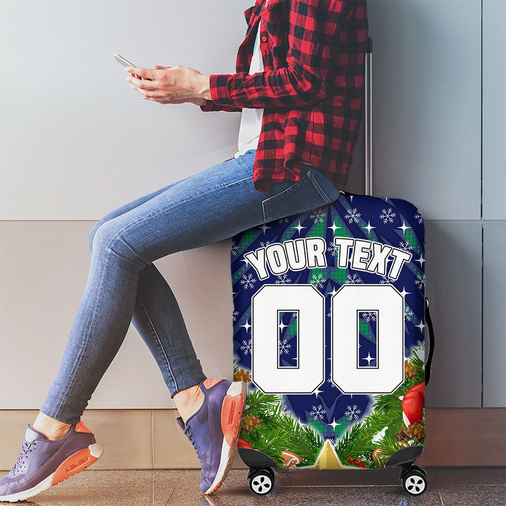 Personalised New Zealand Warriors Rugby Christmas Luggage Cover Santa Rugby Mascot - Pine Wreath Festive