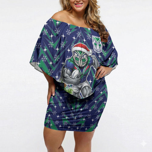 Personalised New Zealand Warriors Rugby Christmas Off Shoulder Short Dress Santa Rugby Mascot - Pine Wreath Festive