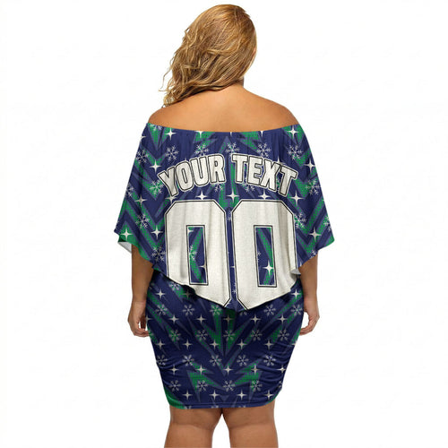 Personalised New Zealand Warriors Rugby Christmas Off Shoulder Short Dress Santa Rugby Mascot - Pine Wreath Festive