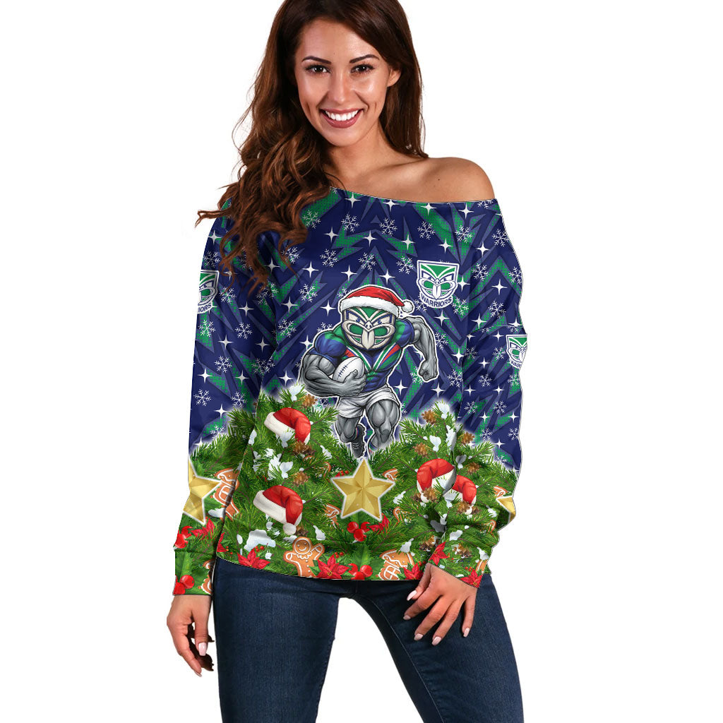 Personalised New Zealand Warriors Rugby Christmas Off Shoulder Sweater Santa Rugby Mascot - Pine Wreath Festive