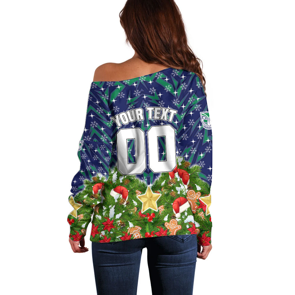 Personalised New Zealand Warriors Rugby Christmas Off Shoulder Sweater Santa Rugby Mascot - Pine Wreath Festive