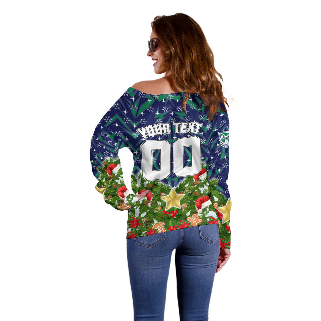 Personalised New Zealand Warriors Rugby Christmas Off Shoulder Sweater Santa Rugby Mascot - Pine Wreath Festive