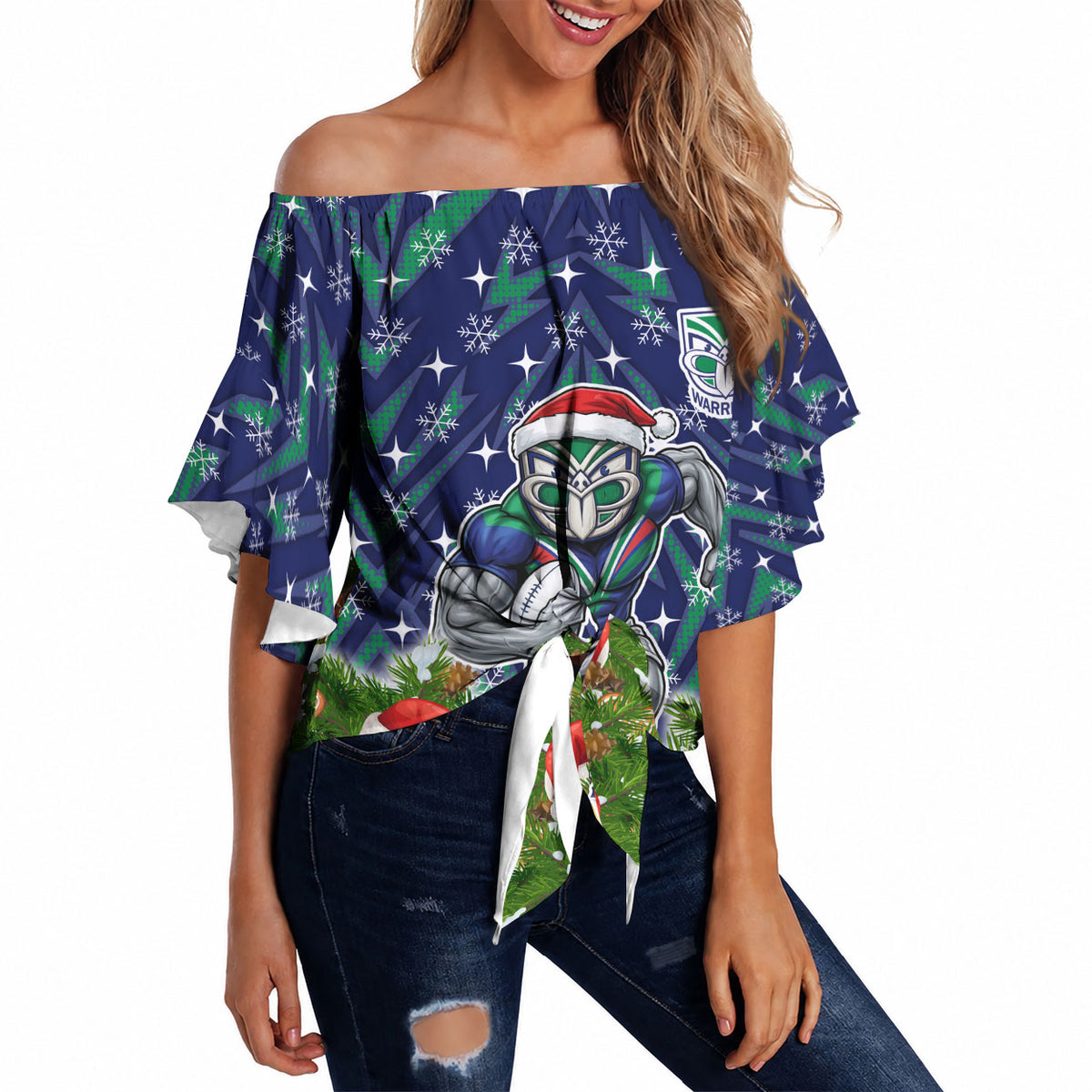 Personalised New Zealand Warriors Rugby Christmas Off Shoulder Wrap Waist Top Santa Rugby Mascot - Pine Wreath Festive