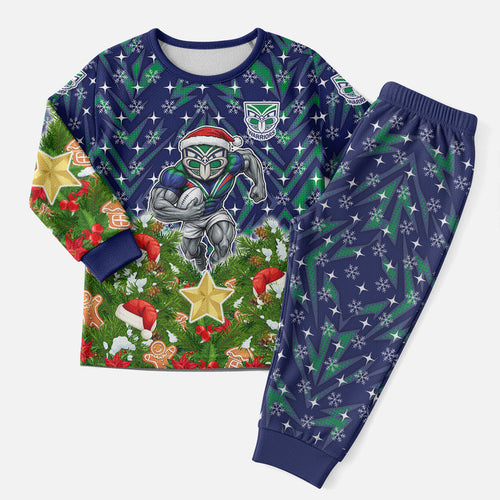 Personalised New Zealand Warriors Rugby Christmas Pajama Set Santa Rugby Mascot - Pine Wreath Festive