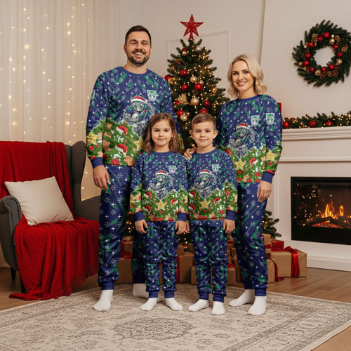 Personalised New Zealand Warriors Rugby Christmas Pajama Set Santa Rugby Mascot - Pine Wreath Festive