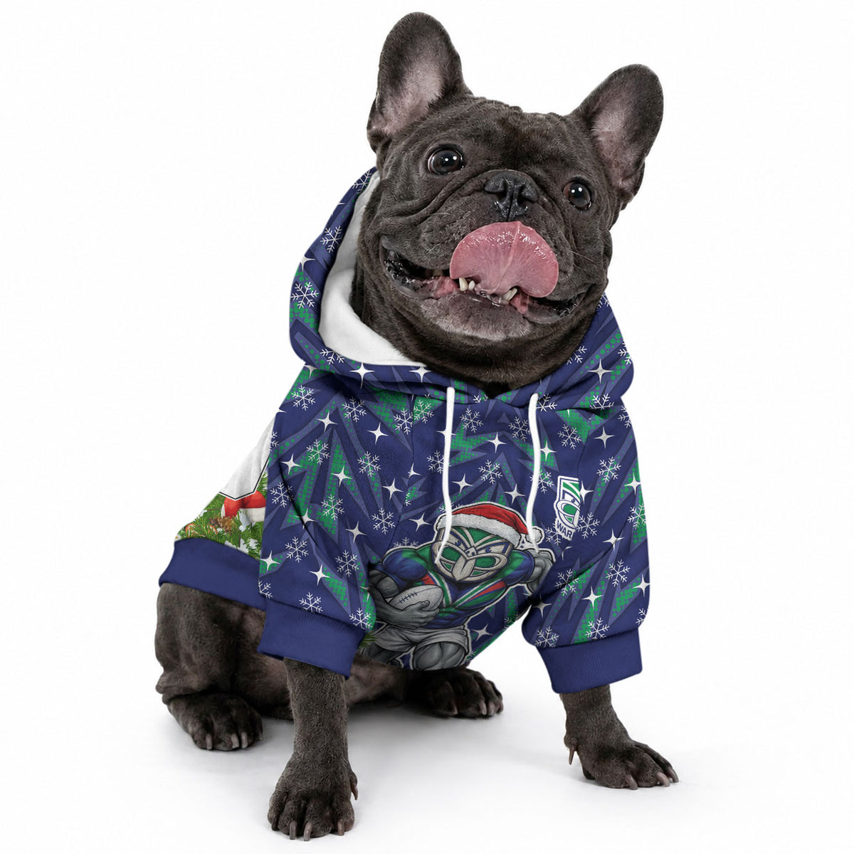 Personalised New Zealand Warriors Rugby Christmas Pet Hoodie Santa Rugby Mascot - Pine Wreath Festive