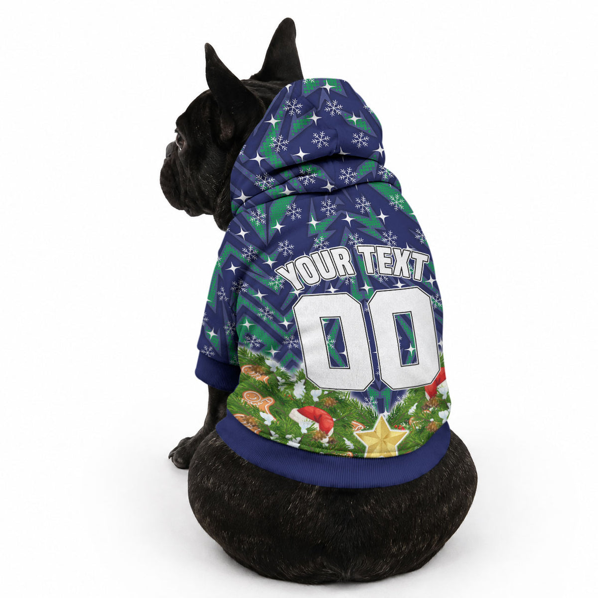 Personalised New Zealand Warriors Rugby Christmas Pet Hoodie Santa Rugby Mascot - Pine Wreath Festive