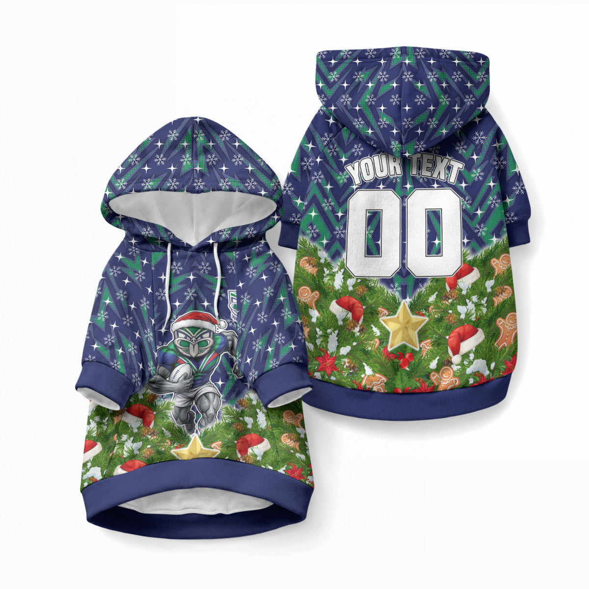 Personalised New Zealand Warriors Rugby Christmas Pet Hoodie Santa Rugby Mascot - Pine Wreath Festive