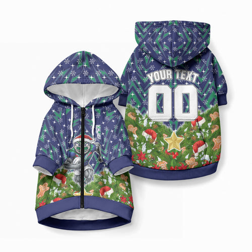 Personalised New Zealand Warriors Rugby Christmas Pet Hoodie Santa Rugby Mascot - Pine Wreath Festive