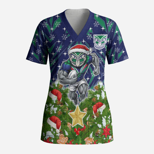 Personalised New Zealand Warriors Rugby Christmas Scrub Top Santa Rugby Mascot - Pine Wreath Festive