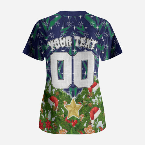 Personalised New Zealand Warriors Rugby Christmas Scrub Top Santa Rugby Mascot - Pine Wreath Festive