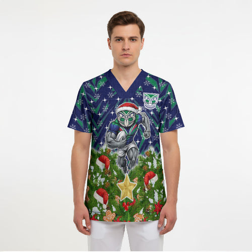 Personalised New Zealand Warriors Rugby Christmas Scrub Top Santa Rugby Mascot - Pine Wreath Festive