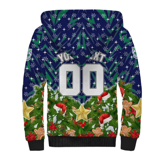 Personalised New Zealand Warriors Rugby Christmas Sherpa Hoodie Santa Rugby Mascot - Pine Wreath Festive