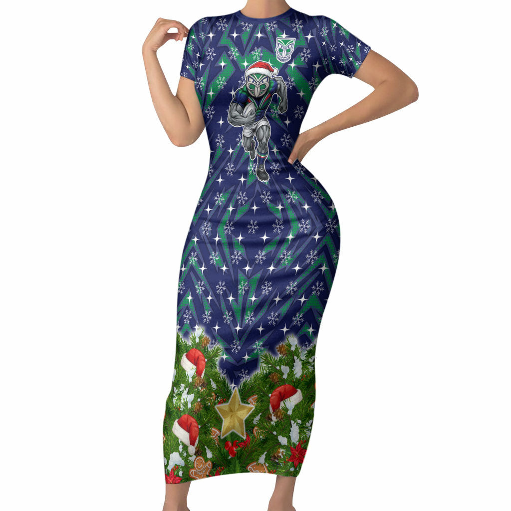 Personalised New Zealand Warriors Rugby Christmas Short Sleeve Bodycon Dress Santa Rugby Mascot - Pine Wreath Festive