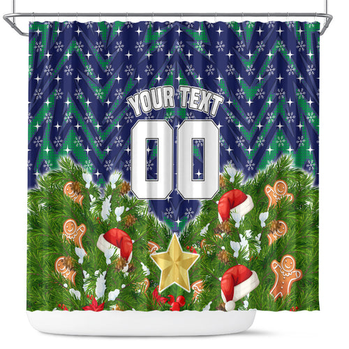 Personalised New Zealand Warriors Rugby Christmas Shower Curtain Santa Rugby Mascot - Pine Wreath Festive
