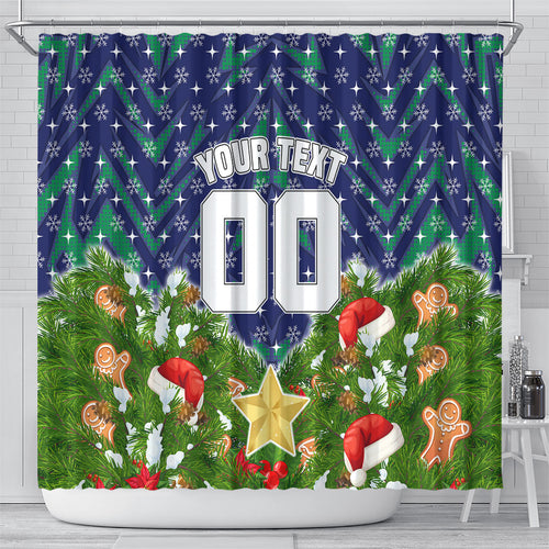 Personalised New Zealand Warriors Rugby Christmas Shower Curtain Santa Rugby Mascot - Pine Wreath Festive